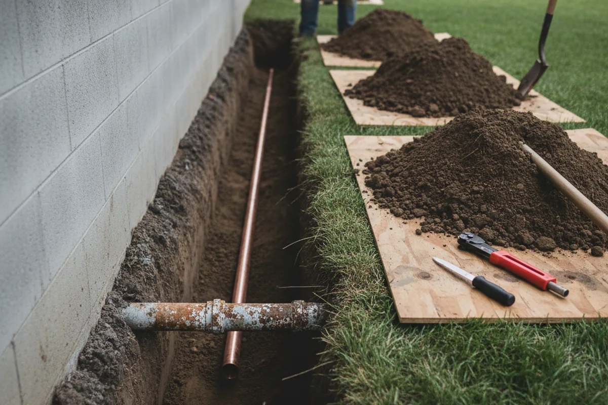Excavated water line trench during Water Softener Installation in Blanding